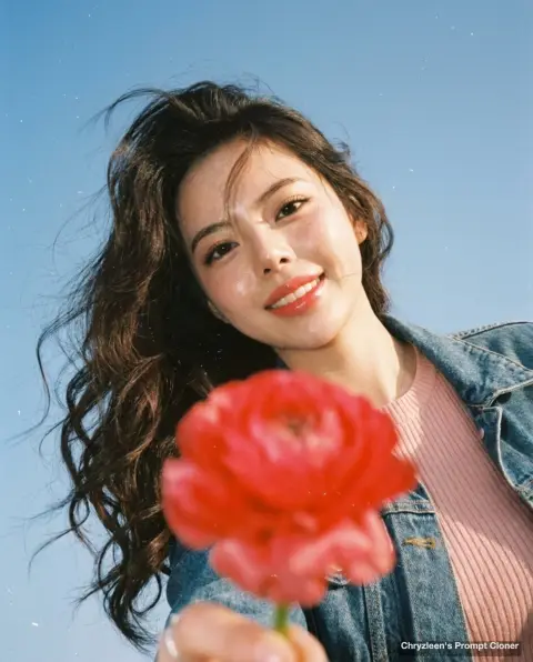 CCD film touching portrait of a young girl handing a red flower. Prompt words