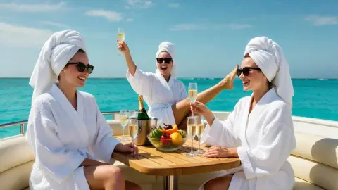 Champagne party on yacht under blue sea and blue sky