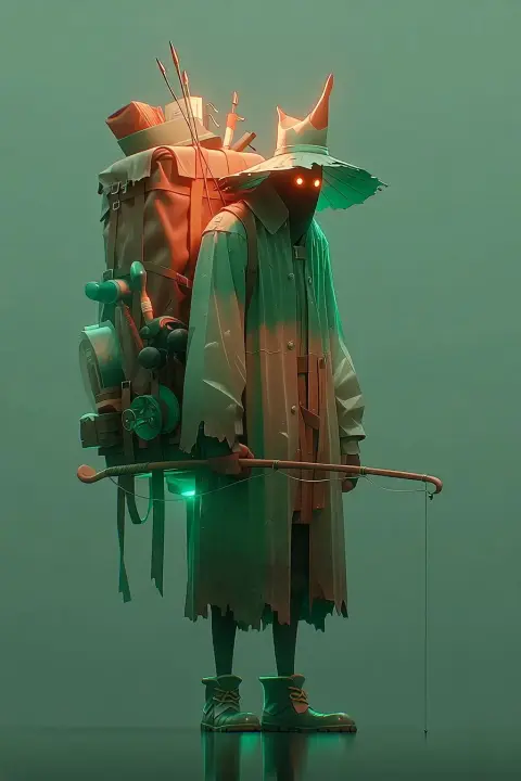 character design of an old fisherman wearing a worn raincoat