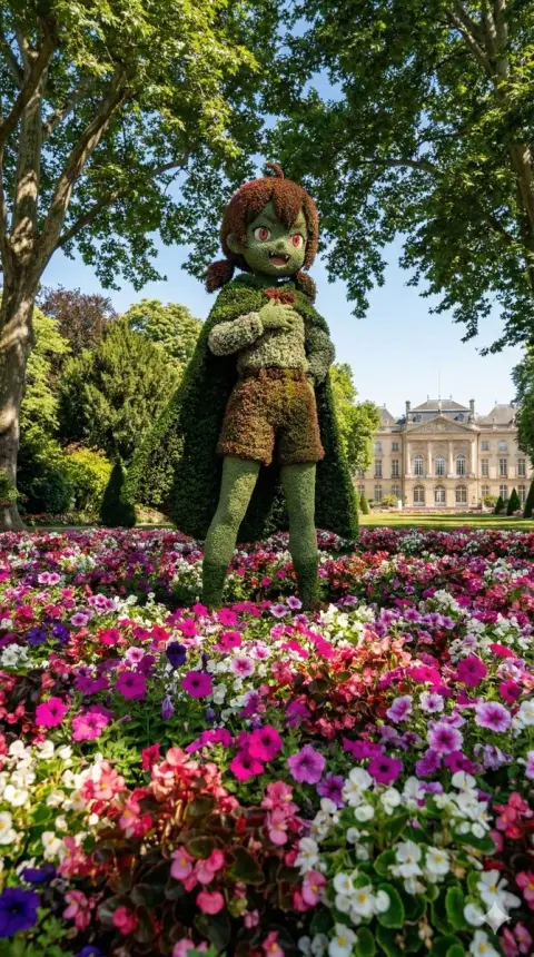 Character green sculpture bathing in dappled sunlight in a European palace garden