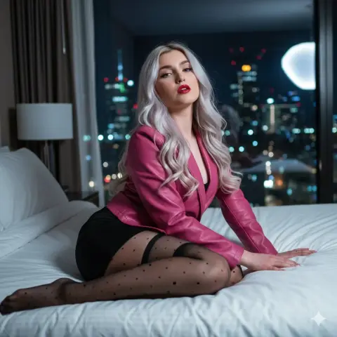 Charming blonde in the night view of the luxury hotel