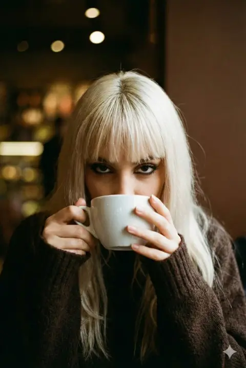 Charming girl holding coffee cup in blurry bokeh