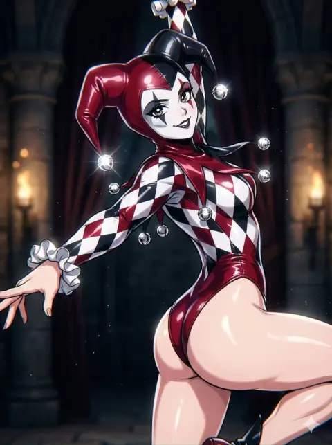 Charming harlequin dancer under the flashing lights