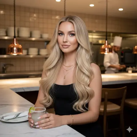 Charming platinum blonde girl holding cocktail at warm color kitchen bar
