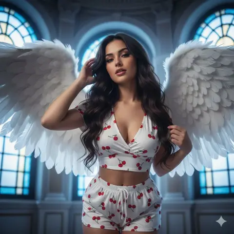 Charming strawberry angel under pure white wings