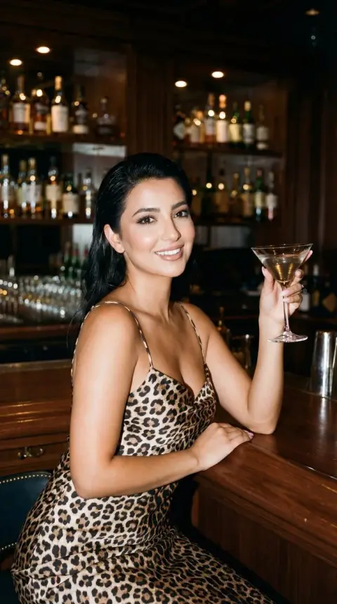 Charming woman wearing leopard print dress under amber light