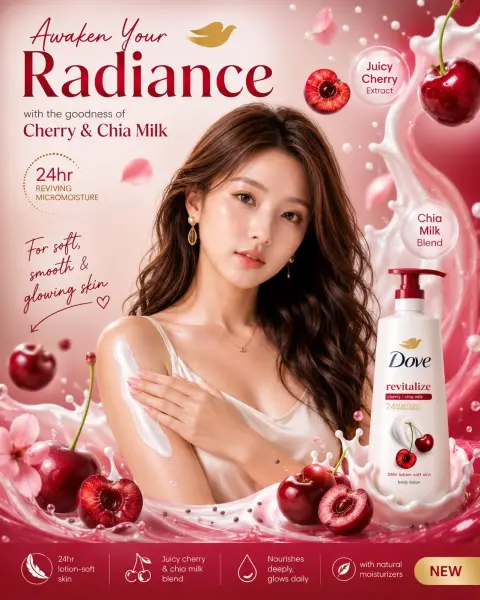 Cherry chia seed body lotion high-end beauty advertising poster