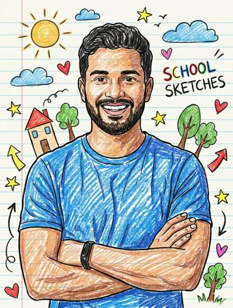 Childlike crayon notebook character doodles