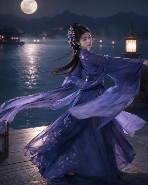 Chinese style dancers dance by the moonlight on the waterfront