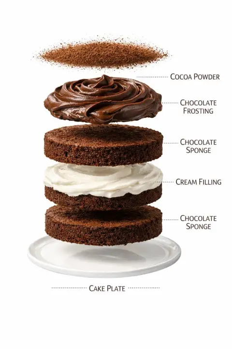 Chocolate cake layered explosion macro close-up