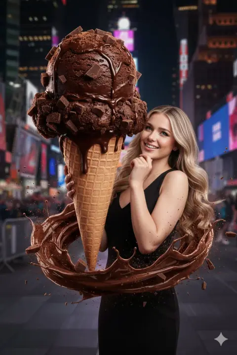 Chocolate ice cream storm under neon night