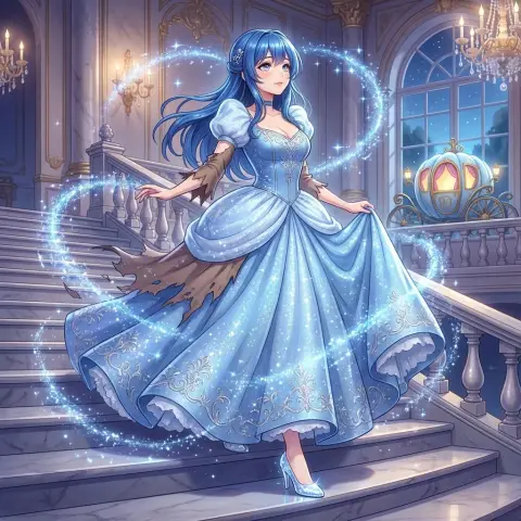 Cinderella in blue dress and dazzling magic before the stroke of midnight