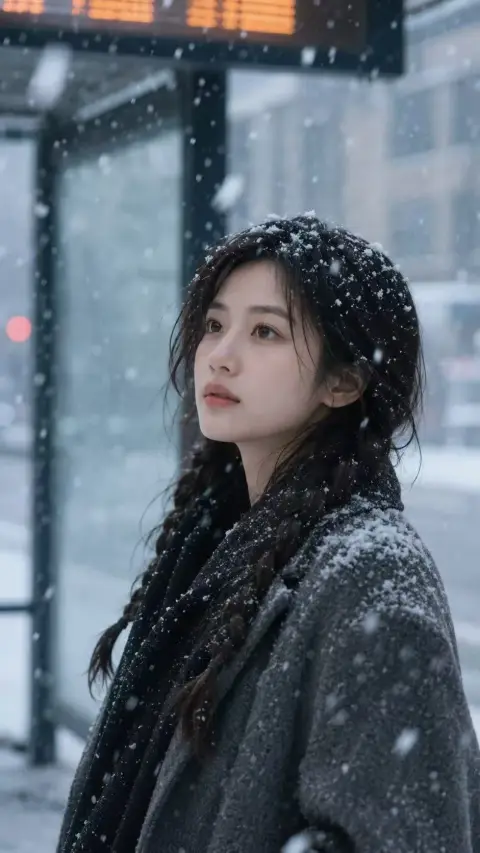 Cinematic character portrait at urban station in winter snow scene