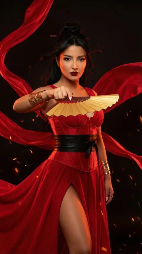 Cinematic close-up of the Goddess of War in a flaming red dress