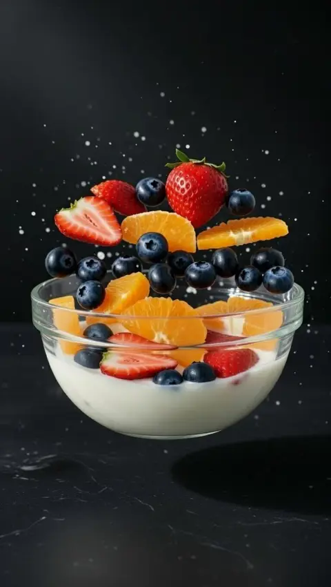 Cinematic fruit salad with suspended juice splashes
