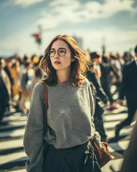 Cinematic girl on the city streets during the golden hour
