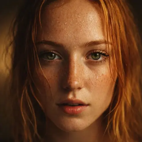 Cinematic hyper-realistic close-up of red-haired girl with freckles