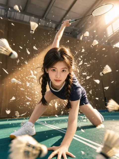 Cinematic low-angle dynamic sports portraits at the badminton court