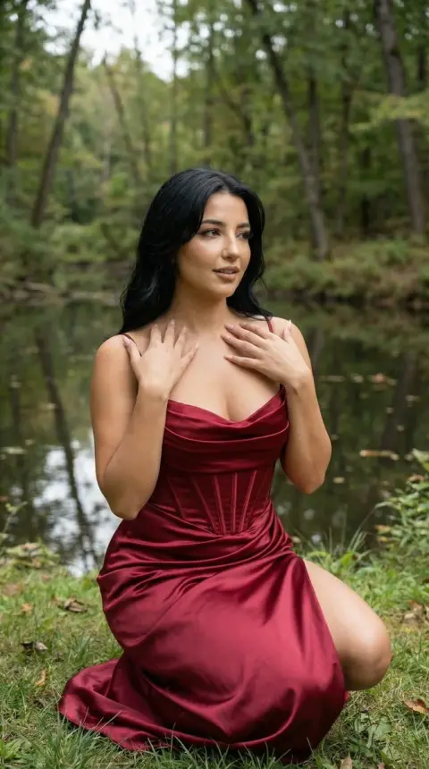Cinematic portrait in red dress by forest pond