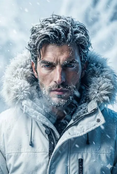 Cinematic portrait of a determined explorer in an extreme cold snowstorm