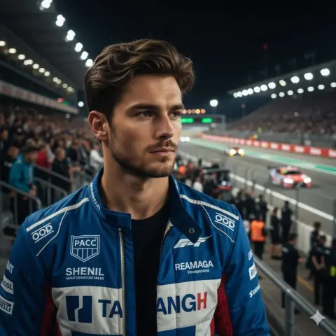 Cinematic portrait of handsome race car driver at night track