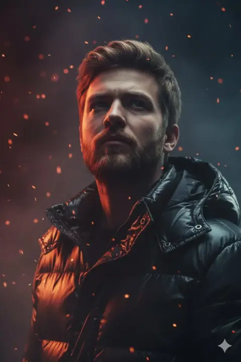Cinematic portrait of a tough guy filled with fire and smoke