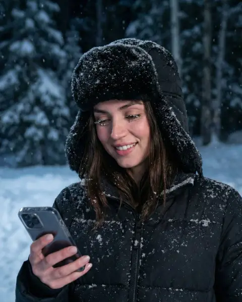 Cinematic portraits in a blizzard on a cold night