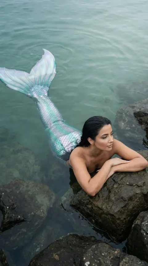Cinematic realistic mermaid shallow water portrait