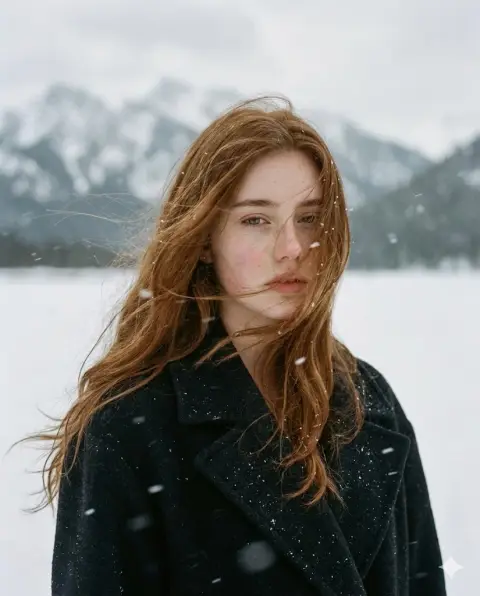 Cinematic realistic portrait of a red-haired girl against the background of snowy mountains