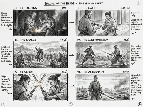 Cinematic six-panel pencil storyboard sketch