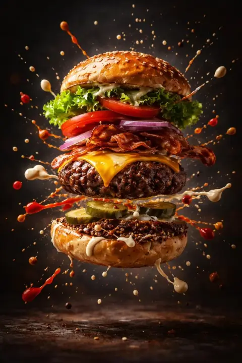 Cinematic slow-motion burger deconstruction ad