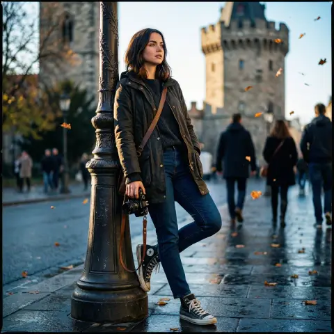 Cinematic street photographer in front of the ancient pagoda in autumn