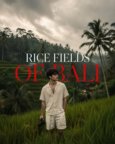 Cinematic travel portrait of coconut palm terraces in Bali