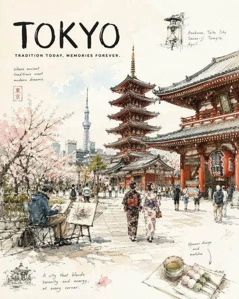 City sketch style travel diary illustration poster