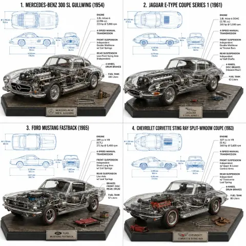 Classic car mechanical deconstruction perspective rendering
