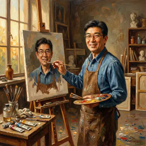 Classical oil painting and cyberneon duet of scissors