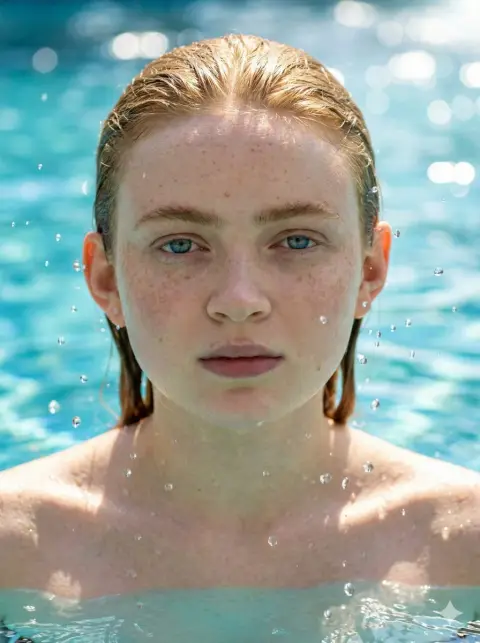 Close-up of Sydney Sweeney's wet hair spray on a clear blue summer day