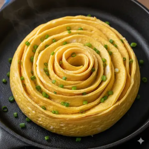 Close-up of rosette-shaped tamagoyaki in cast iron pot