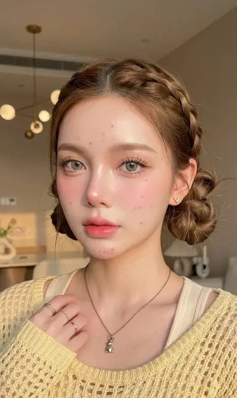 Close-up of cute girl with expression in cream sweater