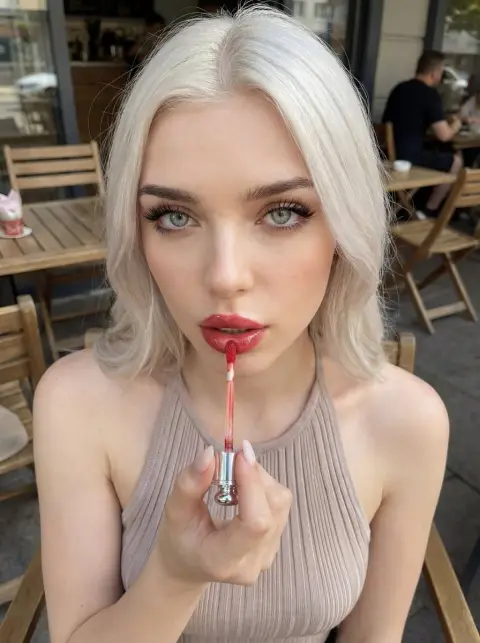 Close-up of white-blonde beauty applying red lips in European street cafe