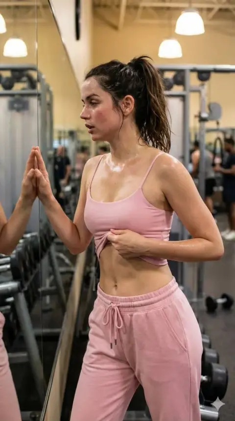 Close-up of hot and sweaty stretching in front of mirror in gym