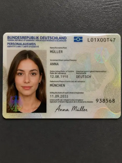 Close-up of blonde woman's German ID card