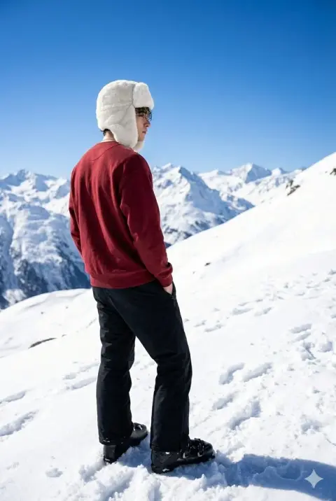 Close-up of girl in dark red sweatshirt from low angle in the snow