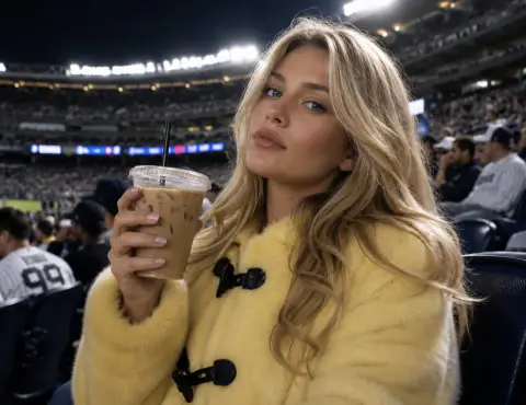 Close-up of night view of baseball field with blonde woman in yellow fur coat