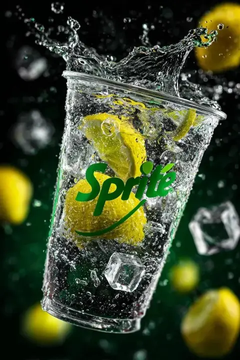 Close-up of suspended sprite under neon green light