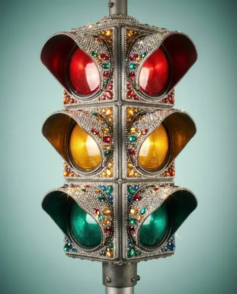 Close-up of gem-encrusted vintage traffic light