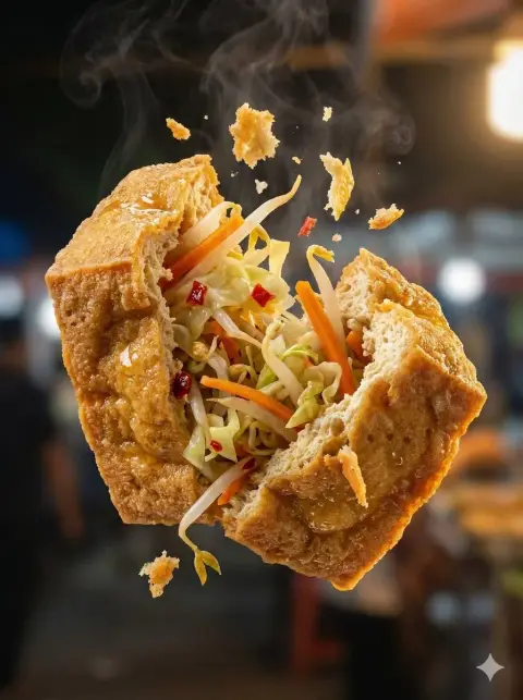 Close-up of fried food exploding in mid-air at night market