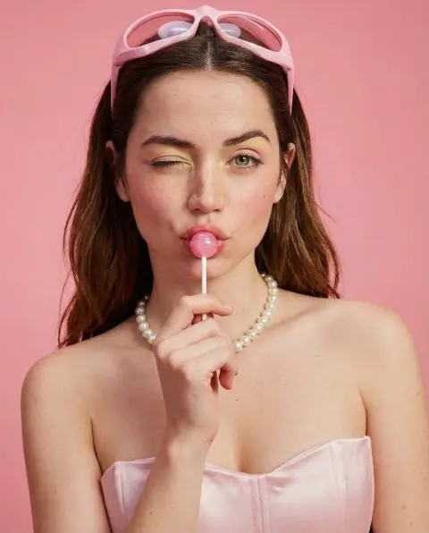 Close-up of cute pink girl winking playfully