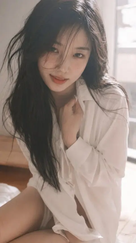Close-up of Korean girlfriend's private white shirt