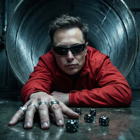 Close-up of domineering figure in red in dark tunnel